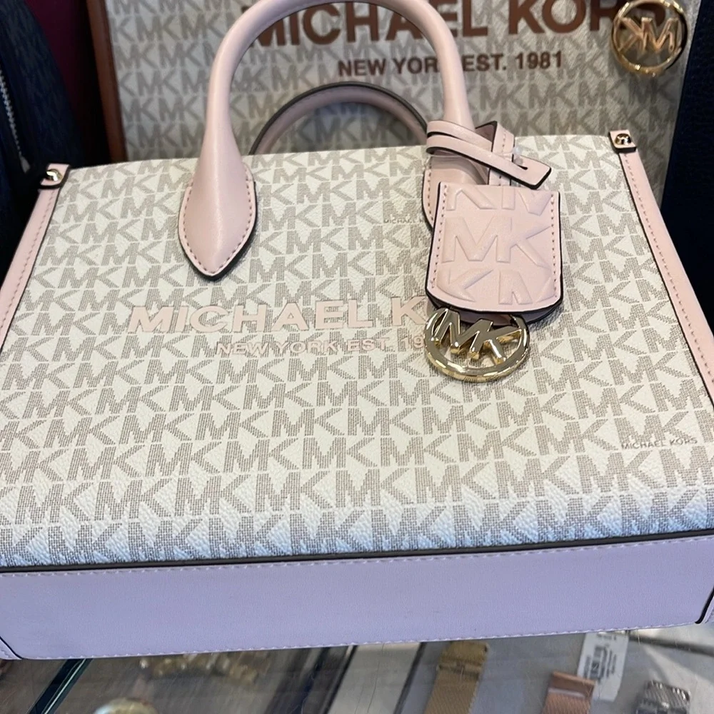 Michael Kors Mirella Small Shopper Top Zip Crossbody Bag Powder Blush Multi Logo